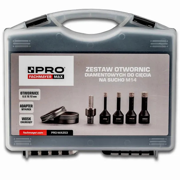 Zestaw otwornic diamentowych do cięcia na sucho M14 + wosk + adapter HEX